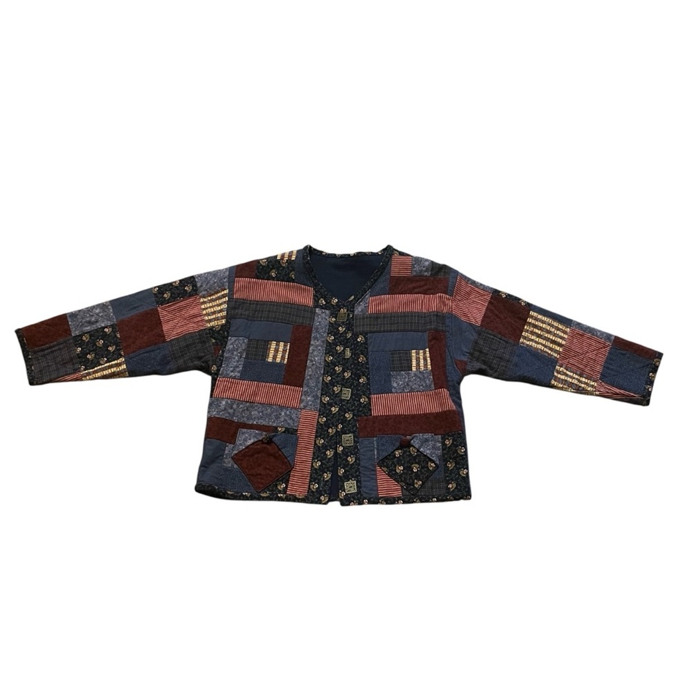 Patchwork Quilted Jean Jacket in Navy, Rust & Brown